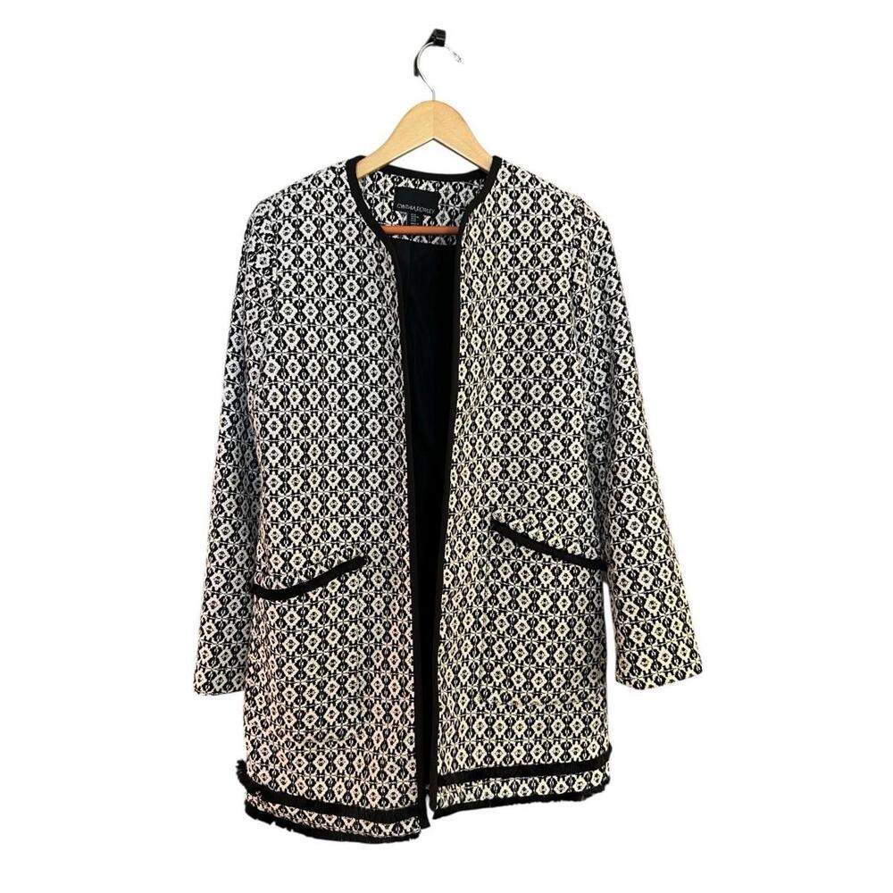 Cynthia Rowley Black White Geometric Knit Open‎ Front Jacket Blazer Women's M